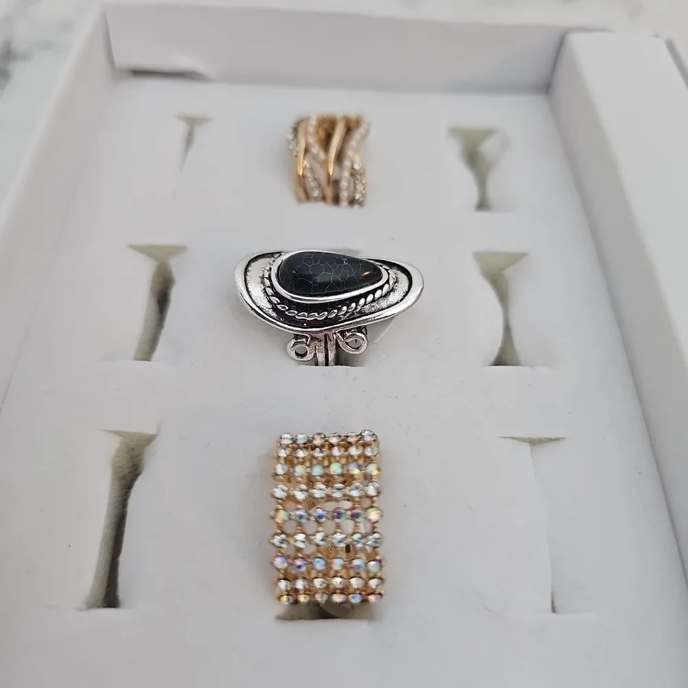 3pc Ring Set Black Stone Silver Gold Rhinestone Pearl Casual Cocktail